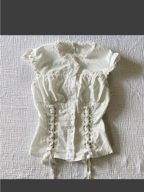 Moda International Cream Lace-Trim Corset Button-Front Top